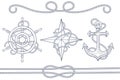 Nautical design elements. Steering wheel, windrose, anchor with rope. Hand drawn sketch