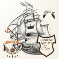 Nautical design with vintage ship, anchor, seagul, crown and banner Royalty Free Stock Photo