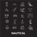 Nautical editable line icons vector set on black background. Nautical white outline illustrations, signs, symbols Royalty Free Stock Photo