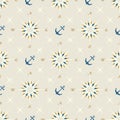 Nautical elements, icon seamless pattern with anchor, navigation compass travel background design Royalty Free Stock Photo