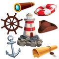 Nautical elements icon set. Cartoon captain attributes. Vector illustration. Royalty Free Stock Photo