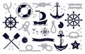 Nautical elements and icons. Marine decorative set, anchor, lifebuoy and jacht. Isolated sea ship knots and paddle Royalty Free Stock Photo