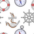 Nautical elements seamless pattern. Hand drawn colored sketch