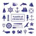 Nautical elements set. Nautic icon, sea bell and boat, ship wheel. Marine seagull silhouette, crab and seahorse. Navy