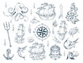 Nautical elements set with sailor sea animals, mermaid, ship, diving helmet, anchor, compass, poseidon, trident and octopus.