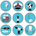 Nautical elements type 3 icons in knotted circle including seahorse, octopus, captains hat, ship, drawing compass, treasure map
