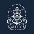 Nautical emblem with anchor, steering wheel and waves.