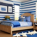 Nautical Escape: A beach-themed bedroom with blue and white stripes, seashell decorations, and a boat-shaped bed3, Generative AI