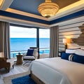 Nautical Escape: A beach-themed bedroom with blue and white stripes, seashell decorations, and a boat-shaped bed1, Generative AI