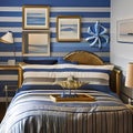 Nautical Escape: A beach-themed bedroom with blue and white stripes, seashell decorations, and a boat-shaped bed5, Generative AI