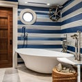 Nautical Escape: A coastal-themed bathroom with navy blue and white stripes, seashell decor, and a vintage ship wheel, evoking a