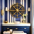 Nautical Escape: A coastal-themed bathroom with navy blue and white stripes, seashell decor, and a vintage ship wheel, evoking a