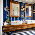 Nautical Escape: A coastal-themed bathroom with navy blue and white stripes, seashell decor, and a vintage ship wheel, evoking a