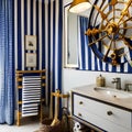 Nautical Escape: A coastal-themed bathroom with navy blue and white stripes, seashell decor, and a vintage ship wheel, evoking a