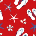 Nautical flip flop shoe seamless vector pattern background. Stylish sandals, starfish, cowrie shell backdrop. Bright red