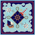 Nautical frame, travel concept pattern. Silk scarf design with, rope, ship wheel, lighthouse, anchor, marine elements