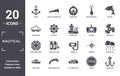 nautical icon set. include creative elements as sailor, dolphin, air tank, snorkel, prawn facing left, star inside circle filled