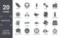 nautical icon set. include creative elements as surfboard, folded map with placeholder, big barrel, yatch, sun shining, aqualung Royalty Free Stock Photo