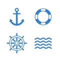 Nautical icons, flat design style. Anchor, lifebuoy, ship steering wheel, waves vector icon set