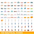 100 nautical icons set, cartoon style Royalty Free Stock Photo