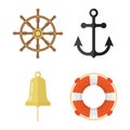Nautical icons set. Lifebuoy, anchor, steering wheel, ship bell.