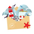 Nautical illustration, lighthouse, rudder, ship, anchor, seagulls and starfish in a postal envelope. Summer letter from the sea