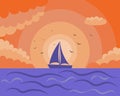 Nautical illustration, a lonely sailboat and seagulls on a sunset background. Orange and purple colors. Wall art Royalty Free Stock Photo