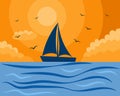 Nautical illustration, a lonely sailboat and seagulls on a sunset background. Yellow and blue colors. Wall art Royalty Free Stock Photo