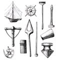 Nautical illustration ship, wheel, tools, anchor Royalty Free Stock Photo