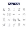 Nautical line vector icons and signs. Navigating, Boating, Marine, Sea, Tides, Cruise, Shore, Yacht outline vector