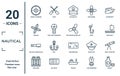 nautical linear icon set. includes thin line azimuth compass, paddles, nautical monocular, aqualung, whisky, ship engine propeller