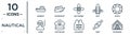 nautical linear icon set. includes thin line gunboat, ship engine, buoys, captain hat, knot, afterdeck, diver icons for report,