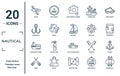 nautical linear icon set. includes thin line kayak, double bait, speed boat facing right, oars, rubber raft, sailboat, sailor