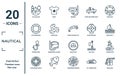 nautical linear icon set. includes thin line old galleon, life preserver, fishing hook, star inside circle, aqualung, prawn facing