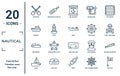 nautical linear icon set. includes thin line porthole, gunboat, motorboat, scow, sea flag, skiff, antique telescope icons for