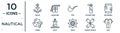 nautical linear icon set. includes thin line sailor, pipe, big barrel, buoy, double paddle, bait, fishes icons for report,
