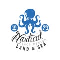 Nautical logo design, land and sea retro emblem with octopus for nautical school, sport club, business identity, print