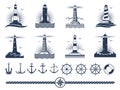 Nautical logos and elements set - anchors lighthouses rope Royalty Free Stock Photo