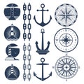 Nautical logos and elements set - compass lighthouses anchor chains Royalty Free Stock Photo