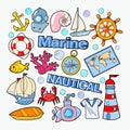 Nautical Marine Doodle with Fish, Boat and Submarine. Sea Vacation