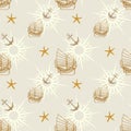 Nautical marine elements seamless pattern with old vintage sailboat, anchor, seashell, starfish with navigation compass travel Royalty Free Stock Photo