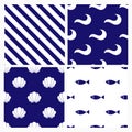 Nautical marine pattern set. Ocean, fish, shell seamless patterns