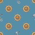 Nautical or marine themed seamless pattern with anchor and helm Royalty Free Stock Photo