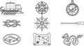 Nautical and maritime navigation icons set for ancient sailing and sea adventures Royalty Free Stock Photo