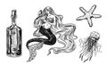 Nautical Mermaid And Marine Bottle, Jellyfish And Ocean Waves, Gorgon And Medusa. Hand Drawn Vintage Retro Monochrome