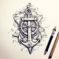 Nautical motif of an old anchor with a rudder and a storm in the background. Royalty Free Stock Photo