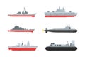 Nautical naval and civil ships set. Submarine, speed boat, cargo ship maritime transport flat vector illustration
