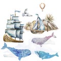 Nautical navigation and tropical island painted in watercolor. Blue, blue whales off the coast of the island with palm Royalty Free Stock Photo