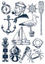 Nautical object set in vintage engraving style