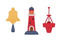 Nautical objects set. Classical marine bell with rope, lighthouse and marine buoy cartoon vector illustration